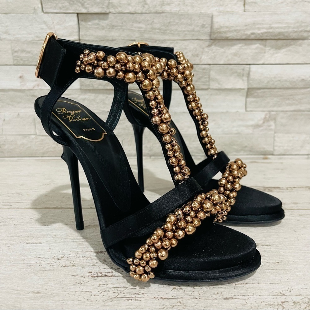 Roger Vivier Bronze Caviar Embellished Stiletto Heels Size 36.5 NWB $1795 Black